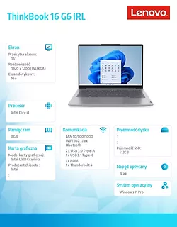 Lenovo Laptop ThinkBook 16 G6 21KH0078PB W11Pro i3-1315U/8GB/512GB/INT/16.0 WUXGA/Arctic Grey/3YRS OS + CO2 Offset