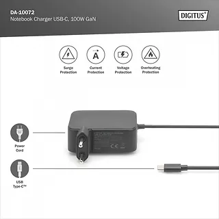 Digitus Ładowarka sieciowa zasilacz 1x USB-C PD 3.0 max. 100W GaN zintegrowany kabel 1,2m Czarna