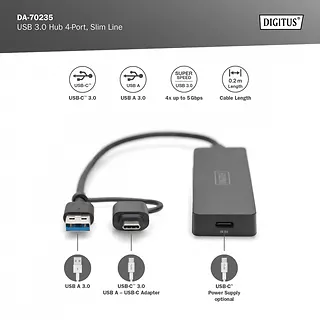 Digitus Hub USB 3.0/Koncentrator 4-portowy SlimLine USB A + adapter USB-C 5Gbps, złącze zasilania USB-C