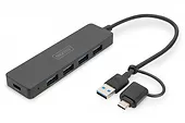 Digitus Hub USB 3.0/Koncentrator 4-portowy SlimLine USB A + adapter USB-C 5Gbps, złącze zasilania USB-C