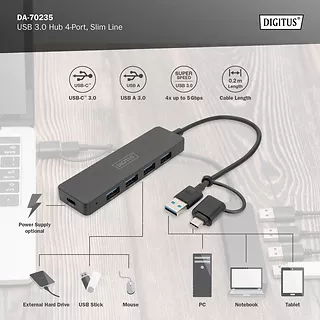 Digitus Hub USB 3.0/Koncentrator 4-portowy SlimLine USB A + adapter USB-C 5Gbps, złącze zasilania USB-C