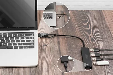 Digitus Hub USB 3.0/Koncentrator 4-portowy SlimLine USB A + adapter USB-C 5Gbps, złącze zasilania USB-C