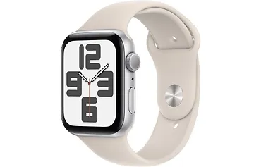 Apple Watch SE GPS, 44mm Koperta z aluminium w kolorze księżycowej poświaty z paskiem sportowym w kolorze księżycowej poświaty - M/L