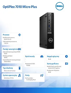 Dell Komputer Optiplex MFF Plus/Core i5-13500T/16GB/512GB SSD/Integrated/WLAN + BT/Wireless Kb & Mouse/W11Pro/vPro