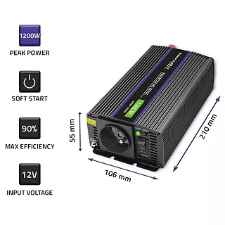 Qoltec Przetwornica napięcia Monolith 1200 MS Wave | 12V na 230V |      600/1200W | USB