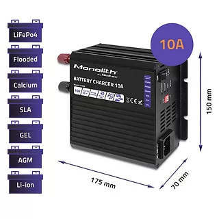 Qoltec Inteligentna łaowarka Monolith do akumulatorów LiFePO4 AGM GEL   SLA | 10A | 12V