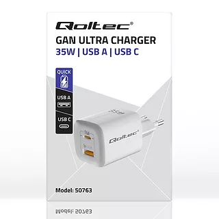 Qoltec Ładowarka sieciowa 35W GaN ULTRA | 5-20V | 2.25-3A | 1 x USB typ C PD | 1 x USB | Biała