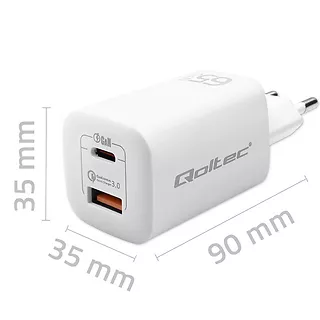 Qoltec Ładowarka sieciowa 65W GaN ULTRA | 5-20V | 2.25-3.25A | 1 x USB  typ C PD | 1 x USB QC 3.0 | Biała