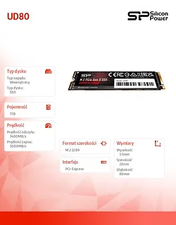 Silicon Power Dysk SSD UD80 1TB PCIe M.2 2280 Gen 3x4 3400/3000 MB/s