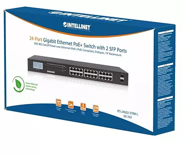 Intellinet Switch Gigabit 24x RJ45 PoE+, 2x SFP, wyświetlacz LCD