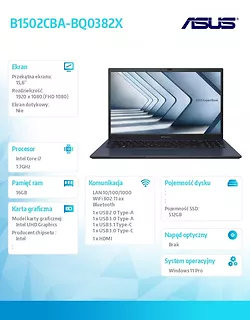 Asus Notebook B1502CBA-BQ0382X i7-1255U 16GB/512GB/Windows11 Pro 36 mies gwarancja NBD