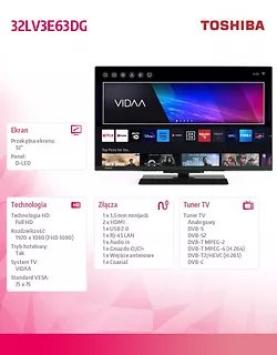 Toshiba Telewizor LED 32 cale 32LV3E63DG