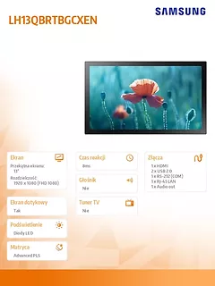 Samsung Monitor profesjonalny QB13R-T 13 cali Matowy, Dotykowy 16h/7 250(cd/m2) 1920x1080 (FHD) S6 Player Wi-Fi 3 lata OnSite (LH13QBRTMGCXEN)