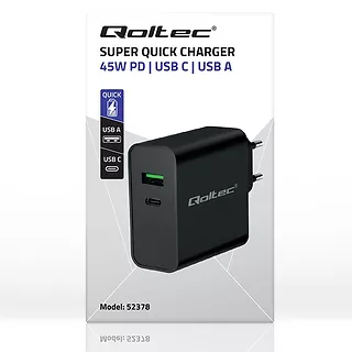 Qoltec Ładowarka Super Quick PD | 1xUSB-C | 1xUSB | 45W | 5-20V |       2.25-3A | Czarna