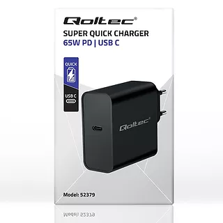 Qoltec Ładowarka Super Quick PD | 1xUSB-C | 65W | 5-20V | 3-3.25A |     Czarna