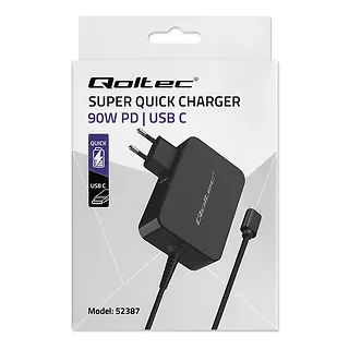 Qoltec Ładowarka GaN Power Pro | 1xUSB-C | 90W | 5-20V | 3-4.5A | Czarna