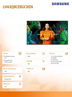 Samsung Monitor profesjonalny QB43C 43 cale Błyszczący 16h/7 350(cd/m2) 3840x2160 (UHD) S10 Player (Tizen 7, VXT Ready) WiFi/BT 3 lata OnSite (LH43QBCEBGCXEN)