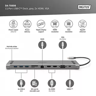 Digitus Stacja dokująca USB-C, 11 portów TripleMonitor 2xHDMI 4K30Hz 1xVGA FHD 3xUSB-A 3.0 RJ45 PD3.0, Srebrna