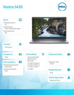 Dell Notebook Vostro 14 (3430) Win11Pro i5-1335U/16GB/512GB SSD/14.0 FHD/Intel Iris Xe/FgrPr/Cam & Mic/WLAN + BT/Backlit Kb/3 Cell/3YPS Aluminium