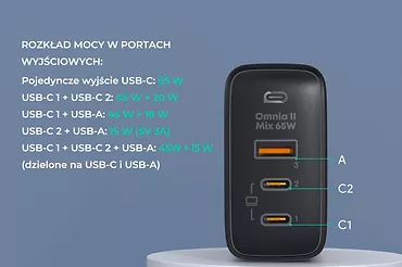 AUKEY Ładowarka sieciowa PA-B6T Black Omnia II GaN 3xUSB (2xUSB C+ 1xUSB A) 65W QC PD