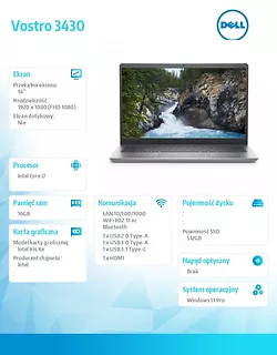 Dell Notebook Vostro 14 (3430) Win11Pro i7-1355U/16GB/512GB SSD/14.0 FHD/Intel Iris Xe/FgrPr/Cam & Mic/WLAN + BT/Backlit Kb/3 Cell/3YPS Aluminium