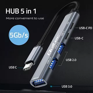 Qoltec HUB adapter USB-C 3.1 5w1 | USB-C PD | USB-C | 2x USB 2.0 | USB  3.0