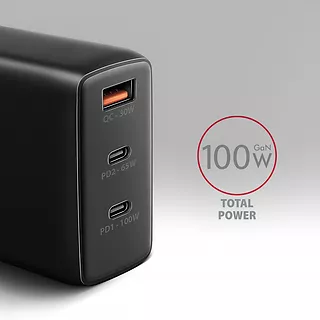 AXAGON ACU-DPQ100 Ładowarka sieciowa, GaN 100W, 3x port (USB-A + dual USB-C) PD3.0/QC4+/PPS/Apple, czarna