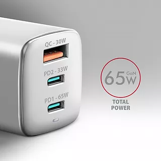 AXAGON ACU-DPQ65W Ładowarka sieciowa GaN 65W, 3x port (USB-A + dual USB-C) PD3.0/QC4+/PPS/Apple, biała