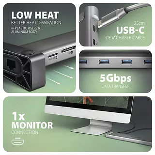 AXAGON HMC-10HLS Wieloportowy hub USB 5Gbps 4x USB-A, HDMI 4K/60Hz, RJ-45, SD/microSD, PD 100W, 25cm USB-C kabel