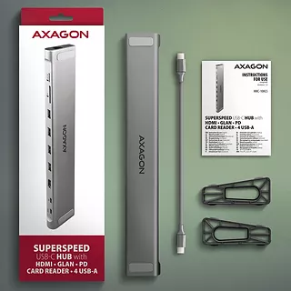 AXAGON HMC-10HLS Wieloportowy hub USB 5Gbps 4x USB-A, HDMI 4K/60Hz, RJ-45, SD/microSD, PD 100W, 25cm USB-C kabel