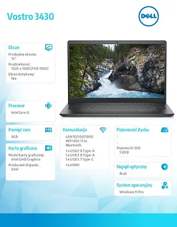 Dell Notebook Vostro 14 (3430) Win11Pro i5-1335U/8GB/512GB SSD/14.0 FHD/Intel UHD/FgrPr/Cam & Mic/WLAN + BT/Backlit Kb/3 Cell/3YPS