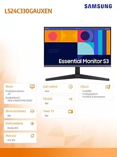 Samsung Monitor  24 cale LS24C330GAUXEN IPS 1920x1080 FHD 16:9 1xHDMI 1xDP 4ms(GT) 100Hz płaski 2 lata d2d