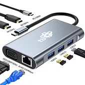 TB Adapter USB C 8w1 HDMIx2 USB VGA RJ45 PD