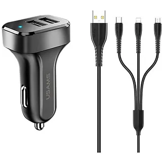 USAMS Ładowarka samochodowa 2xUSB 2,1A 3w1 kable microUSB/USB-C/Lightning
