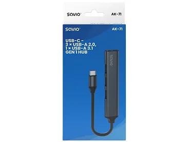HUB USB-C SAVIO AK-71 - 3 x USB-A 2.0, 1 x USB-A 3.1 Gen 1, szary