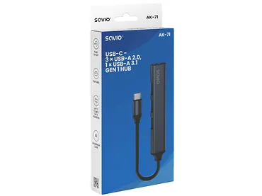 HUB USB-C SAVIO AK-71 - 3 x USB-A 2.0, 1 x USB-A 3.1 Gen 1, szary