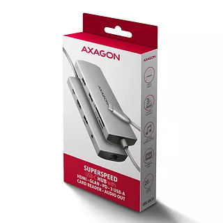 AXAGON Hub HMC-8HLSA USB-C 3.2 Gen 1 hub, 3x USB-A + 4K/30Hz HDMI + SD/mic roSD, GLAN, Audio, PD 100W, 20cm USB-C kabel