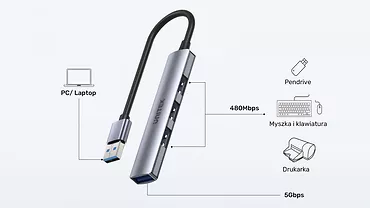 Unitek Hub USB-A; 3x USB-A 2.0; 1x USB-A 5 Gbps Aluminiowy