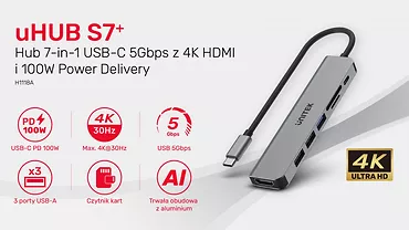 Unitek HUB USB-C 7w1 Aluminium PD 100W ; 5 Gbps ; HDMI 4K