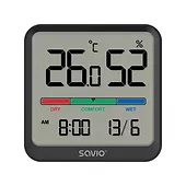 Savio Czujnik temperatury i wilgotności, do użytku wewnętrznego, ekran LCD, zegar, data, uchwyt z magnesem, CT-01/B Czarny