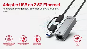 Unitek Adapter USB-A/C 3.1 GEN1 RJ45; 2,5 Gbps; U1313C