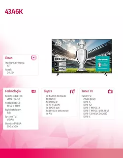 Hisense Telewizor LED 43 cale 43A6K