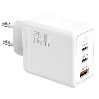 TB Ładowarka sieciowa 2x USB C + USB A Power Delivery biała, GaN 65W