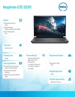 Dell Notebook Inspiron G15 5530/Core i9-13900HX/32GB/1TB SSD/15.6 FHD 165Hz/GeForce RTX 4060/Cam & Mic/WLAN + BT/Backlit Kb/6 Cell/W11Pro/2Y Basic Onsite