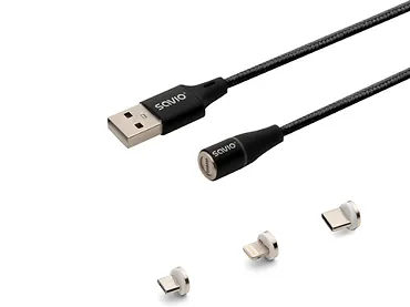 Kabel magnetyczny SAVIO CL-152 USB - USB Typ C, Micro i Lightning, 1m oplot czarny