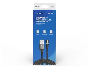 Kabel magnetyczny SAVIO CL-152 USB - USB Typ C, Micro i Lightning, 1m oplot czarny