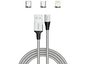 Kabel magnetyczny SAVIO CL-153 USB - USB Typ C, Micro i Lightning, 1m oplot srebrny