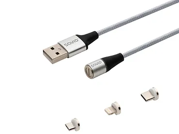 Kabel magnetyczny SAVIO CL-153 USB - USB Typ C, Micro i Lightning, 1m oplot srebrny