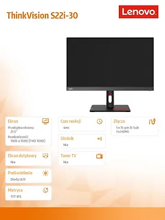 Lenovo Monitor 21.5 cala ThinkVision S22i-30 WLED LCD 63FCKATBEU