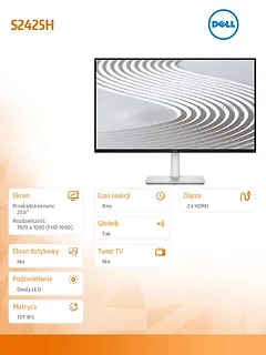 Dell Monitor 23.8 cala S2425H IPS LED 100Hz Full HD (1920x1080)/16:9/2xHDMI/Speakers/3Y